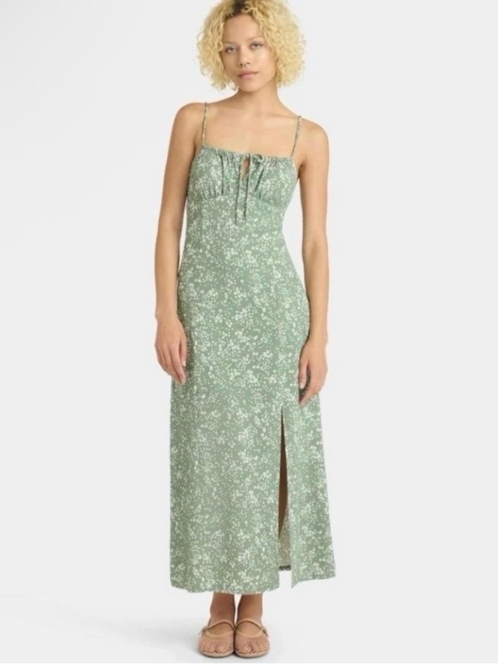 No Boundaries Olive Green Floral Tie-Front Maxi Dress Built in Bra